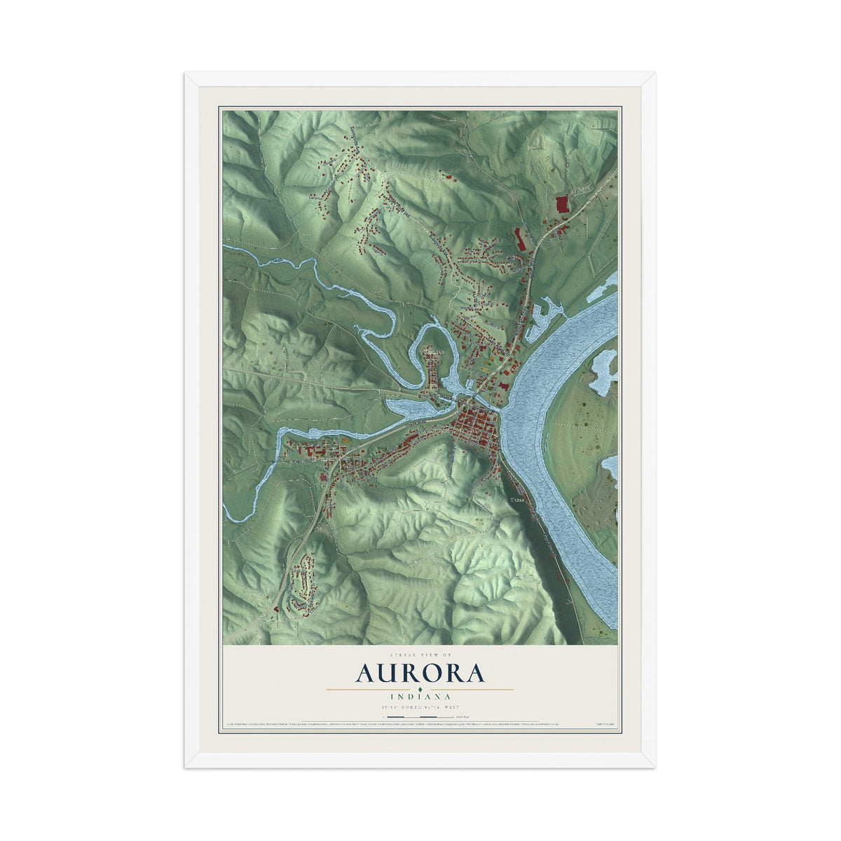Map of Aurora, Indiana, 12 x 18 inch print in a white wood frame