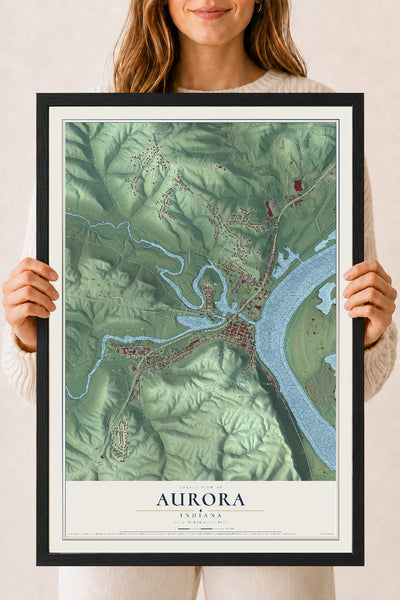 Map of Aurora, Indiana, 18 x 24 inch print in a black wood frame