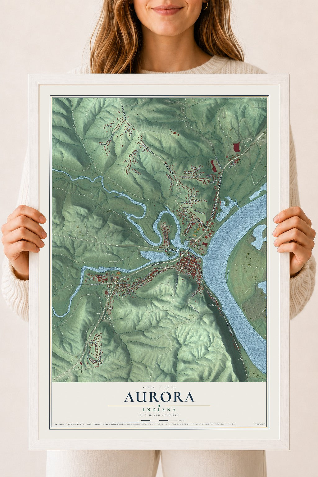 Map of Aurora, Indiana, 18 x 24 inch print in a white wood frame