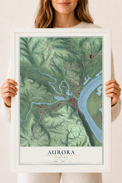 Map of Aurora, Indiana, 18 x 24 inch print in a white wood frame
