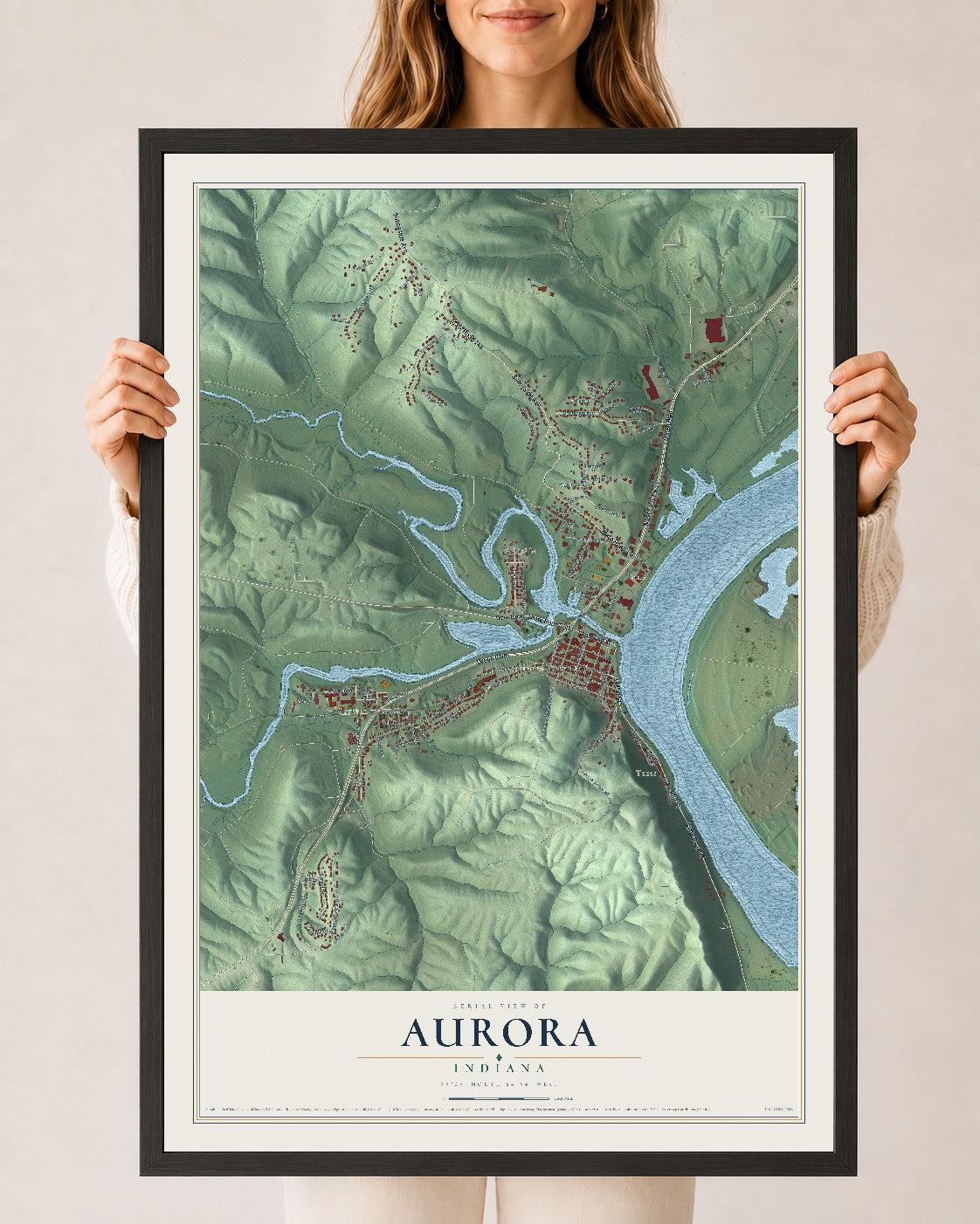 Map of Aurora, Indiana, 24 x 36 inch print in a black wood frame