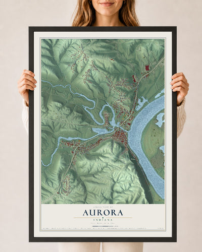 Map of Aurora, Indiana, 24 x 36 inch print in a black wood frame