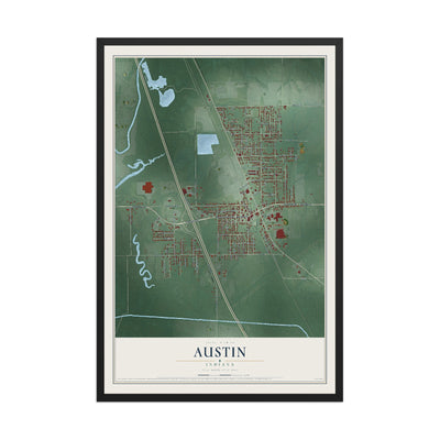 Map of Austin, Indiana, 12 x 18 inch print in a black wood frame