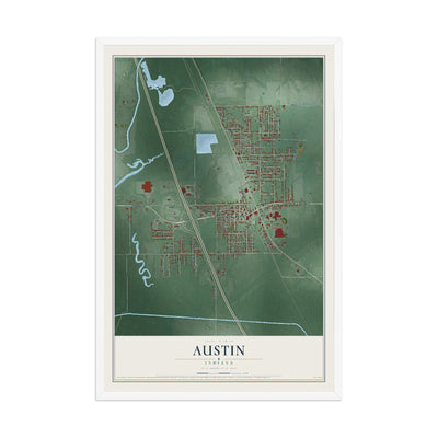 Map of Austin, Indiana, 12 x 18 inch print in a white wood frame