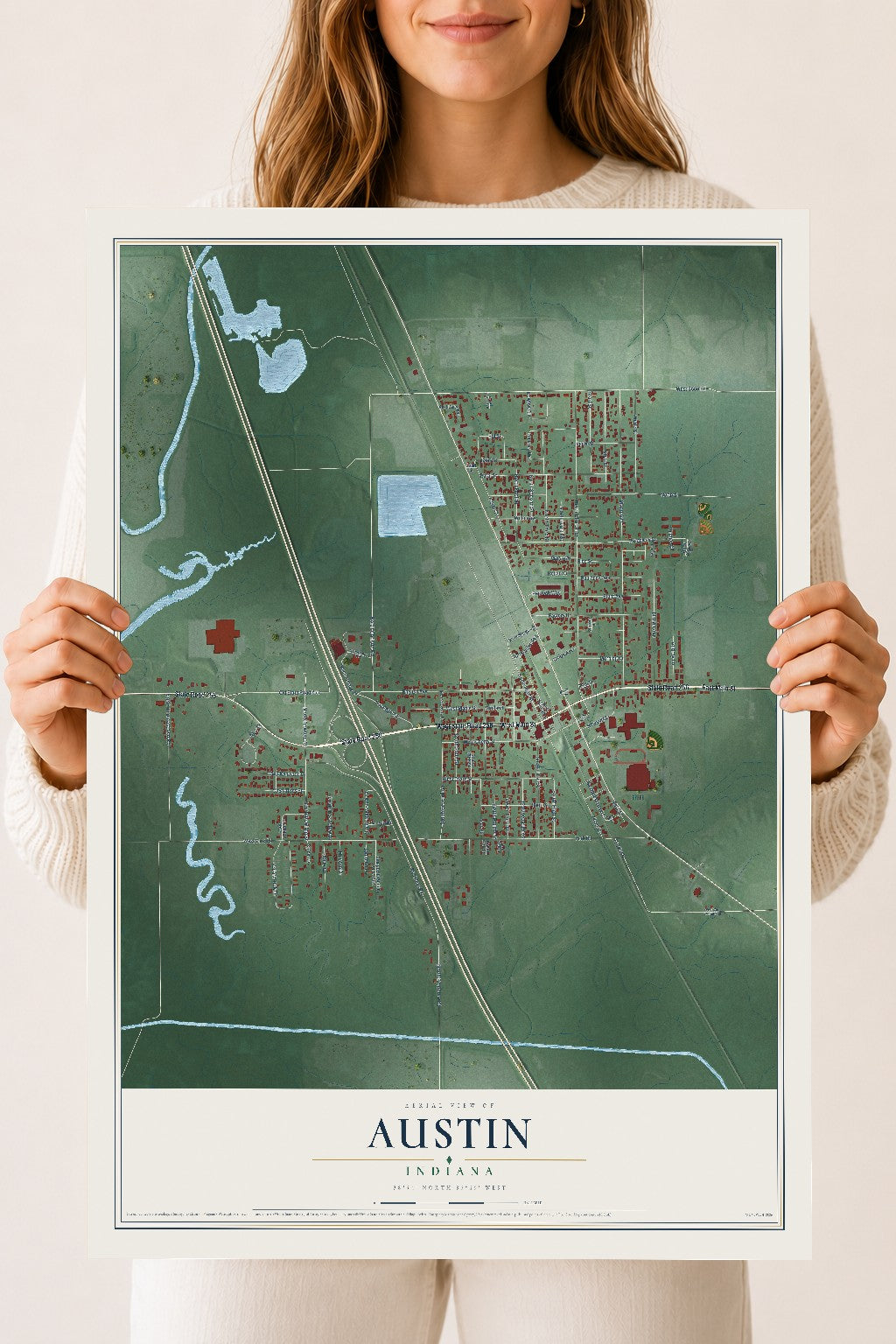 Map of Austin, Indiana, 18 x 24 inch unframed archival matte print