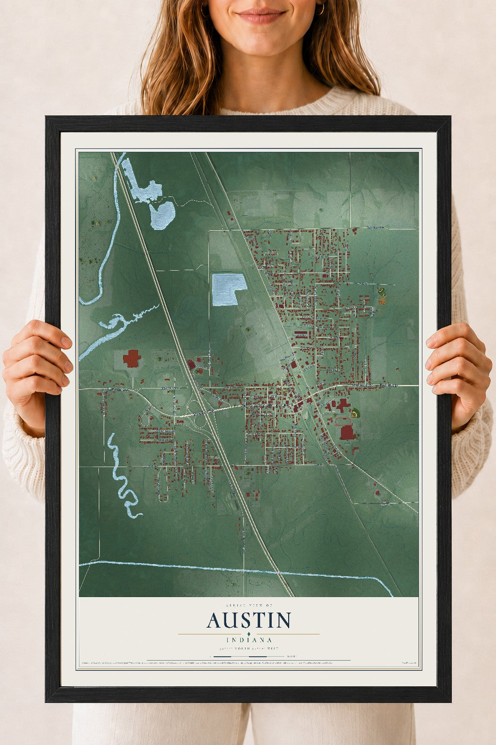 Map of Austin, Indiana, 18 x 24 inch print in a black wood frame