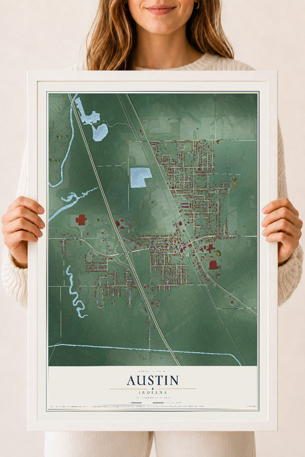 Map of Austin, Indiana, 18 x 24 inch print in a white wood frame