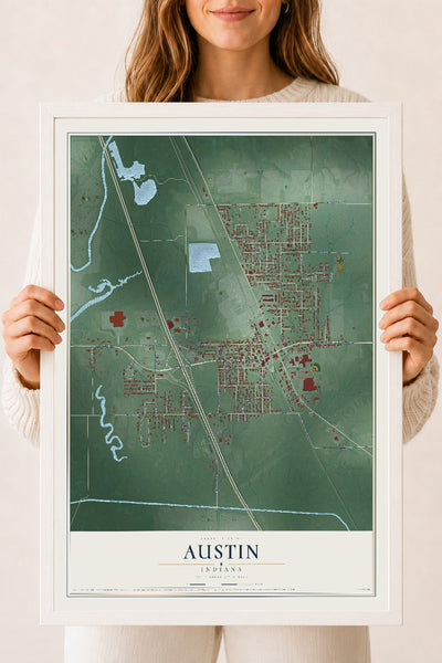 Map of Austin, Indiana, 18 x 24 inch print in a white wood frame