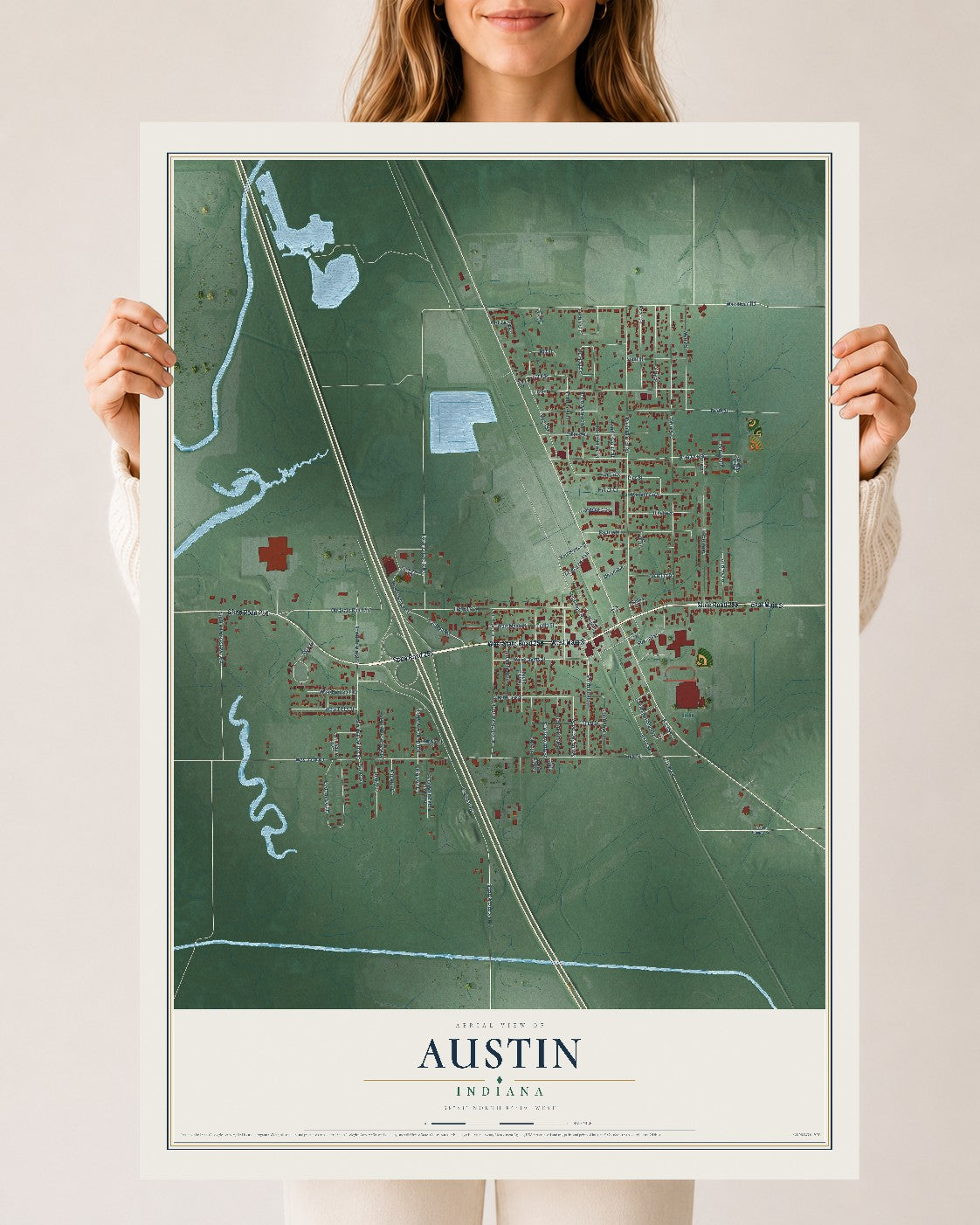 Map of Austin, Indiana, 24 x 36 inch unframed archival matte print