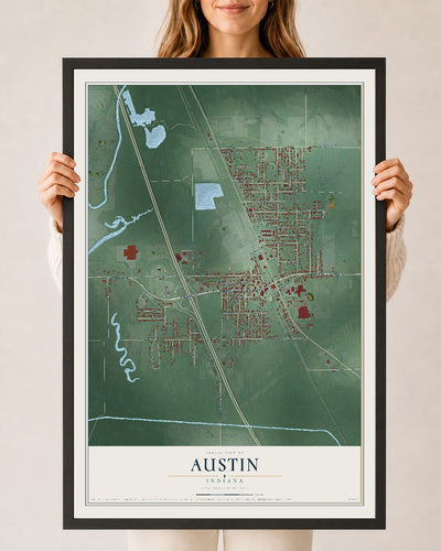 Map of Austin, Indiana, 24 x 36 inch print in a black wood frame