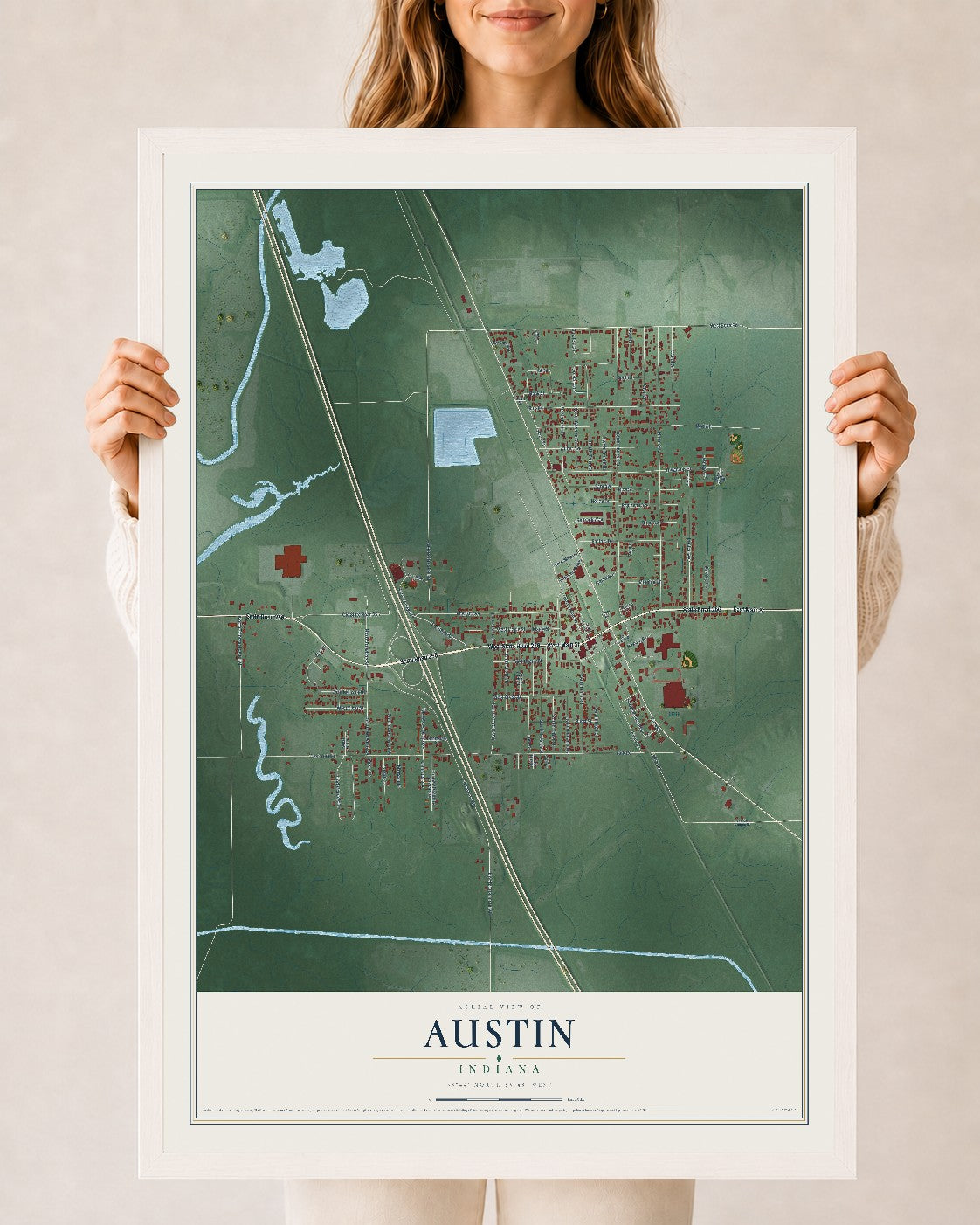 Map of Austin, Indiana, 24 x 36 inch print in a white wood frame