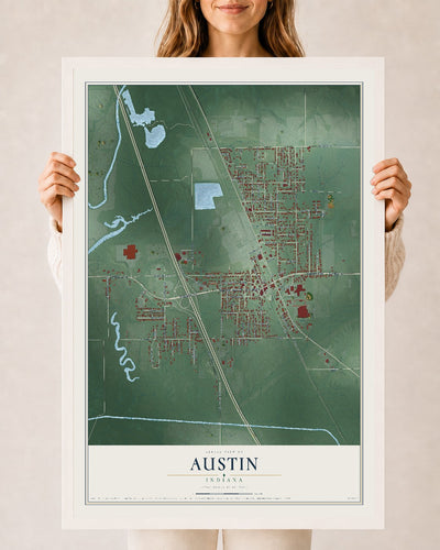 Map of Austin, Indiana, 24 x 36 inch print in a white wood frame