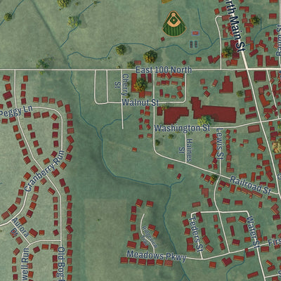 Close-up of the map of Avilla, Indiana print showing street and building detail
