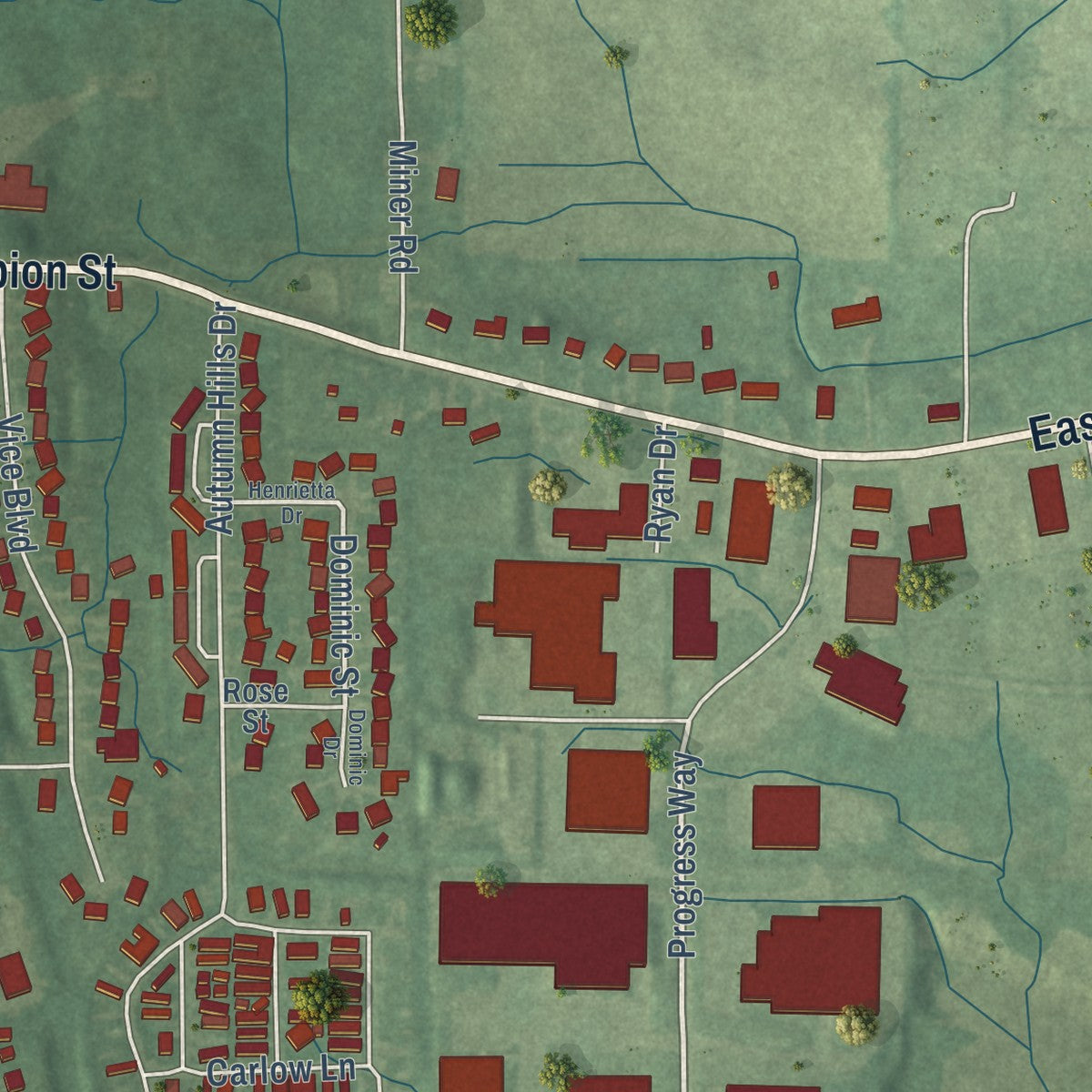 Second close-up of the map of Avilla, Indiana print showing more streets and buildings