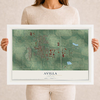 Map of Avilla, Indiana, 12 x 18 inch print in a white wood frame