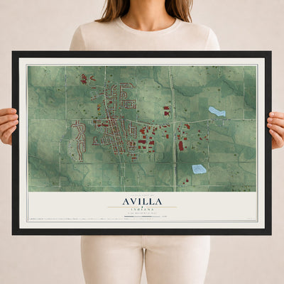 Map of Avilla, Indiana, 18 x 24 inch print in a black wood frame