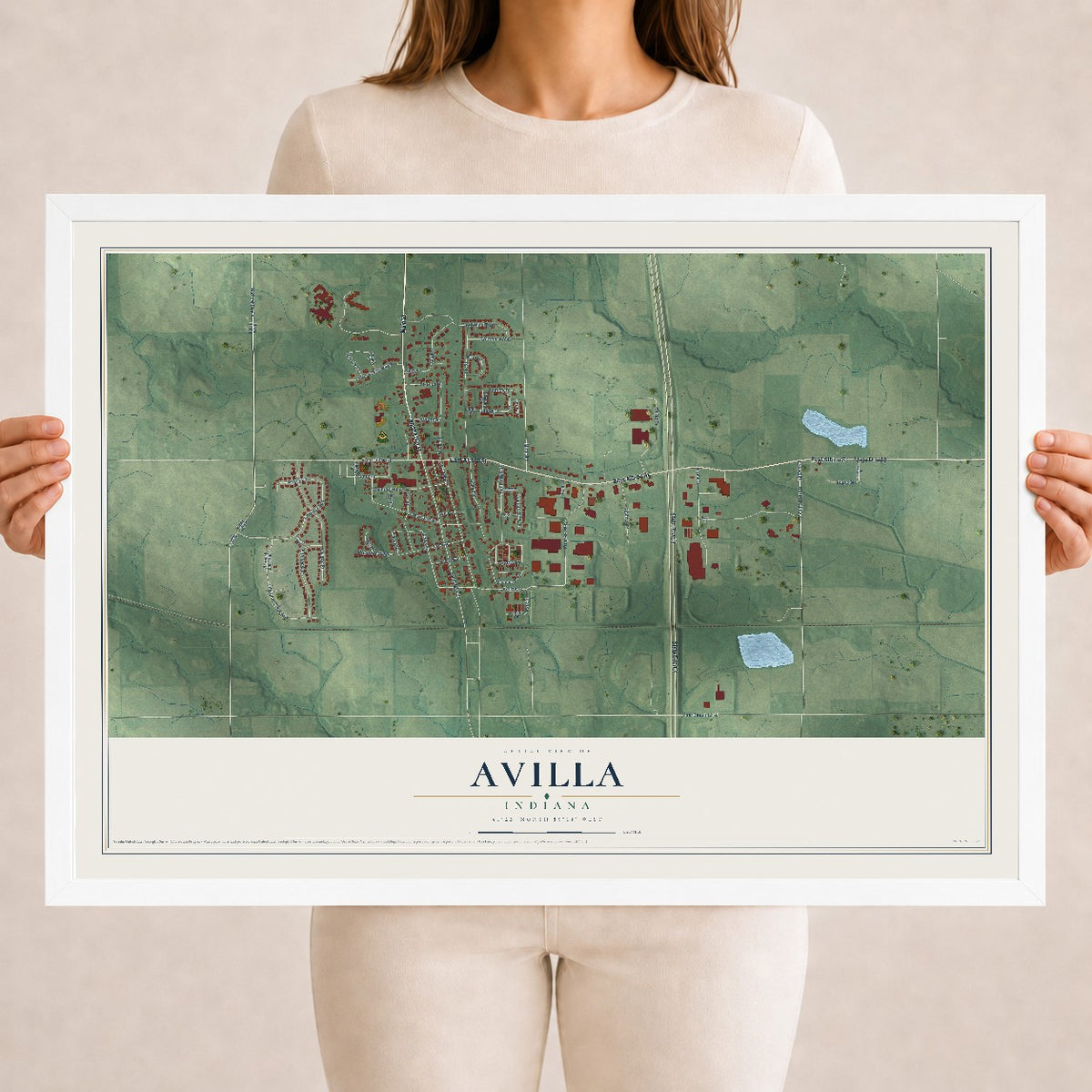 Map of Avilla, Indiana, 18 x 24 inch print in a white wood frame