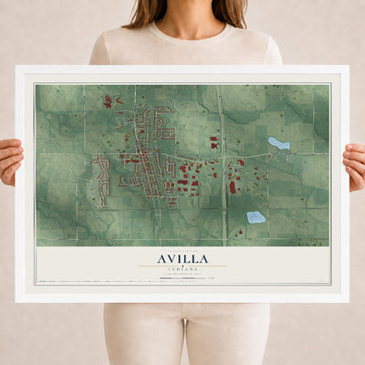 Map of Avilla, Indiana, 18 x 24 inch print in a white wood frame
