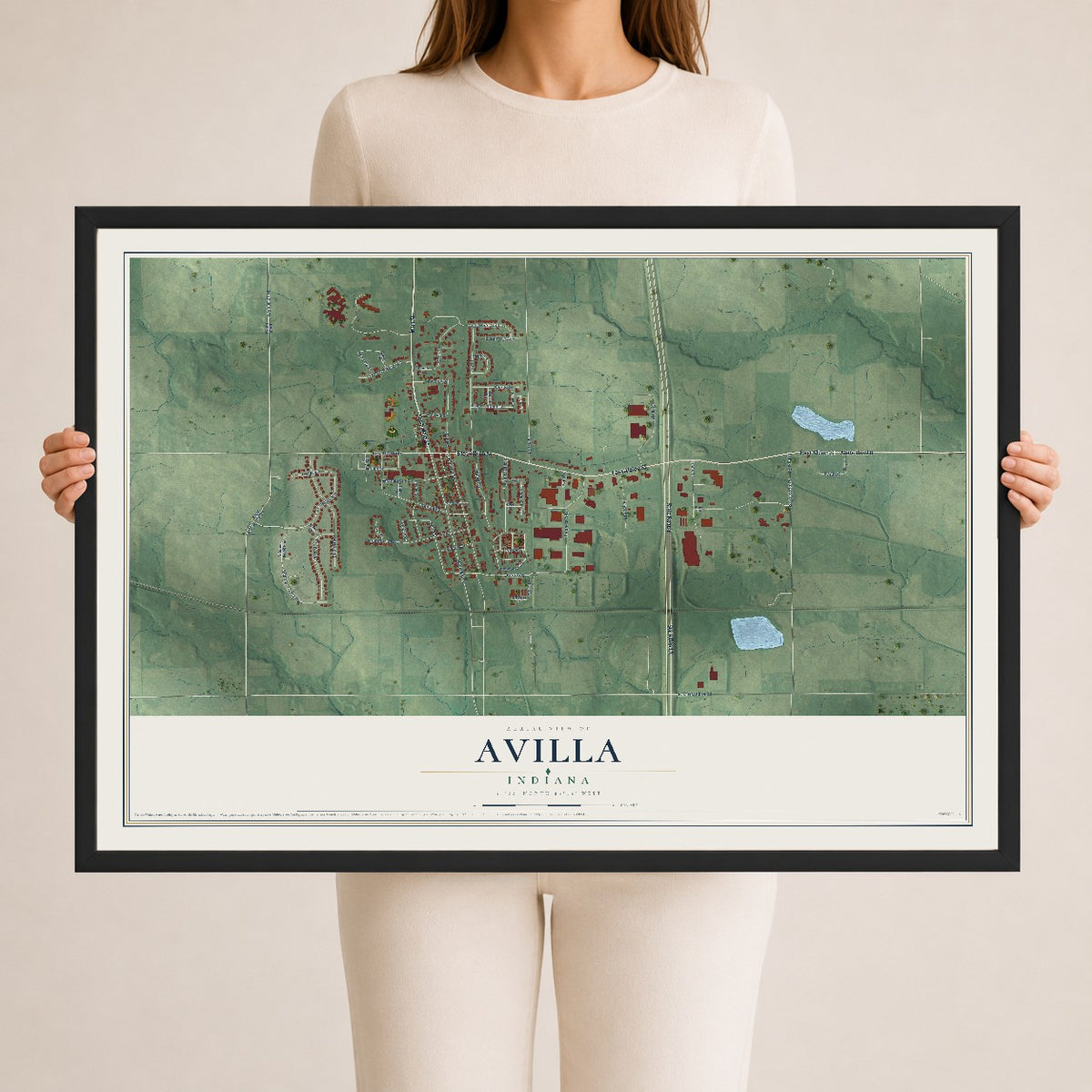 Map of Avilla, Indiana, 24 x 36 inch print in a black wood frame