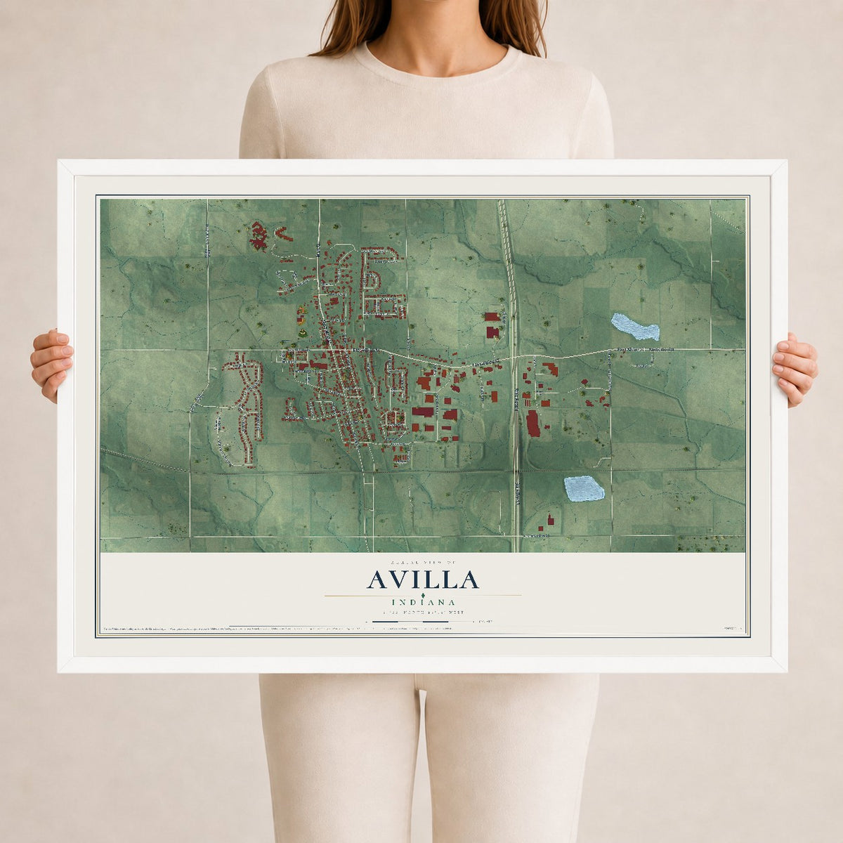 Map of Avilla, Indiana, 24 x 36 inch print in a white wood frame