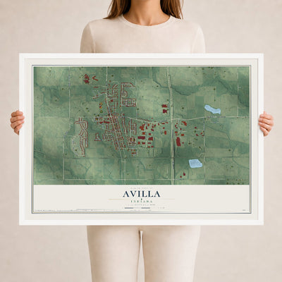 Map of Avilla, Indiana, 24 x 36 inch print in a white wood frame