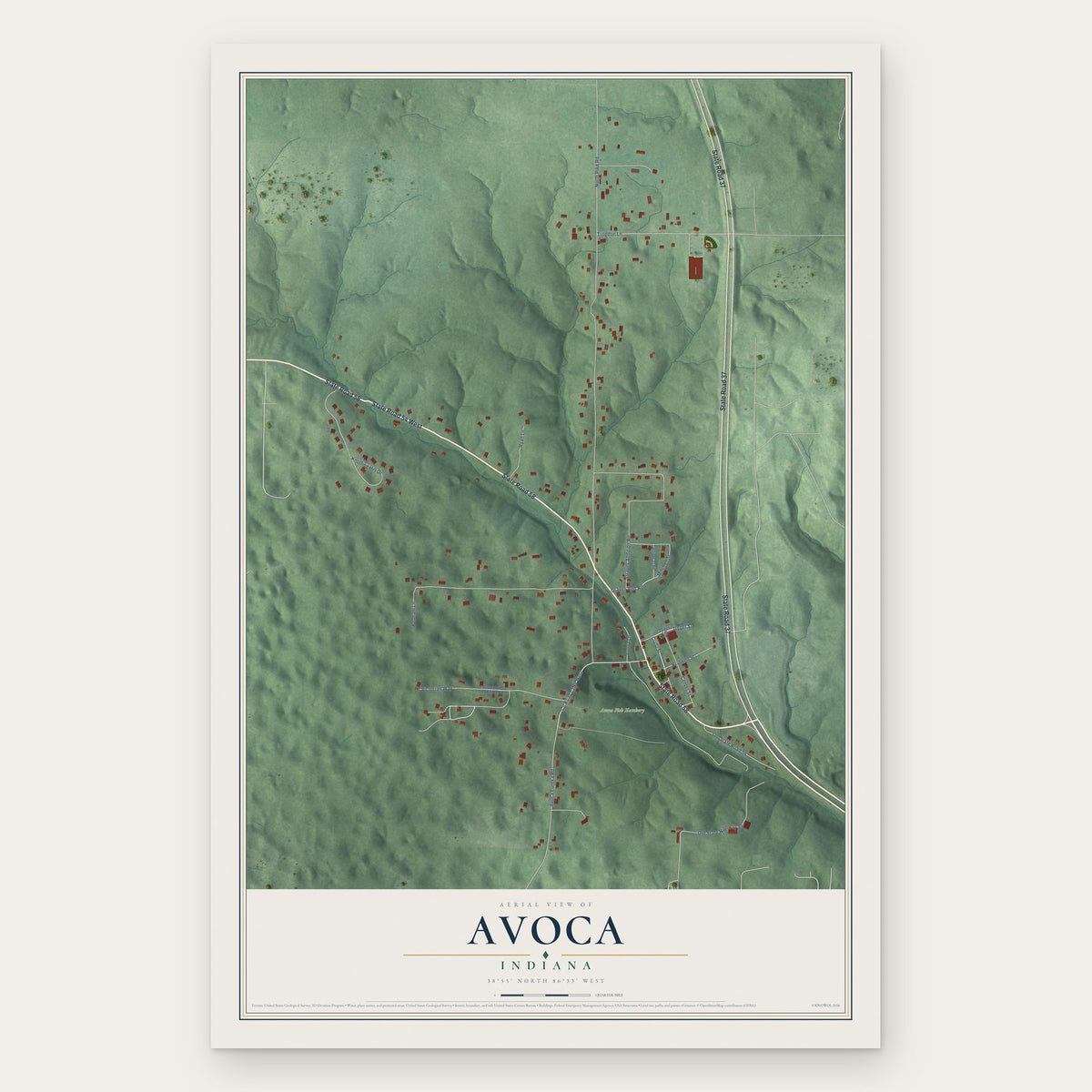 Avoca, Indiana map print, the full design