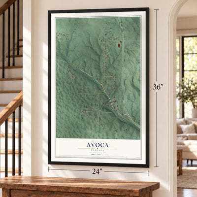 Avoca, Indiana map, 24 x 36 inch print in a black frame by a staircase