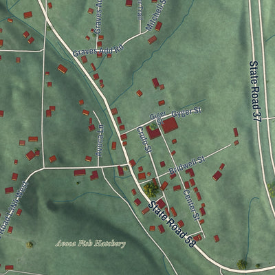 Close-up of the map of Avoca, Indiana print showing street and building detail