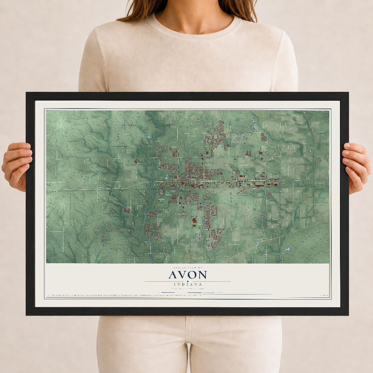 Map of Avon, Indiana, 12 x 18 inch print in a black wood frame