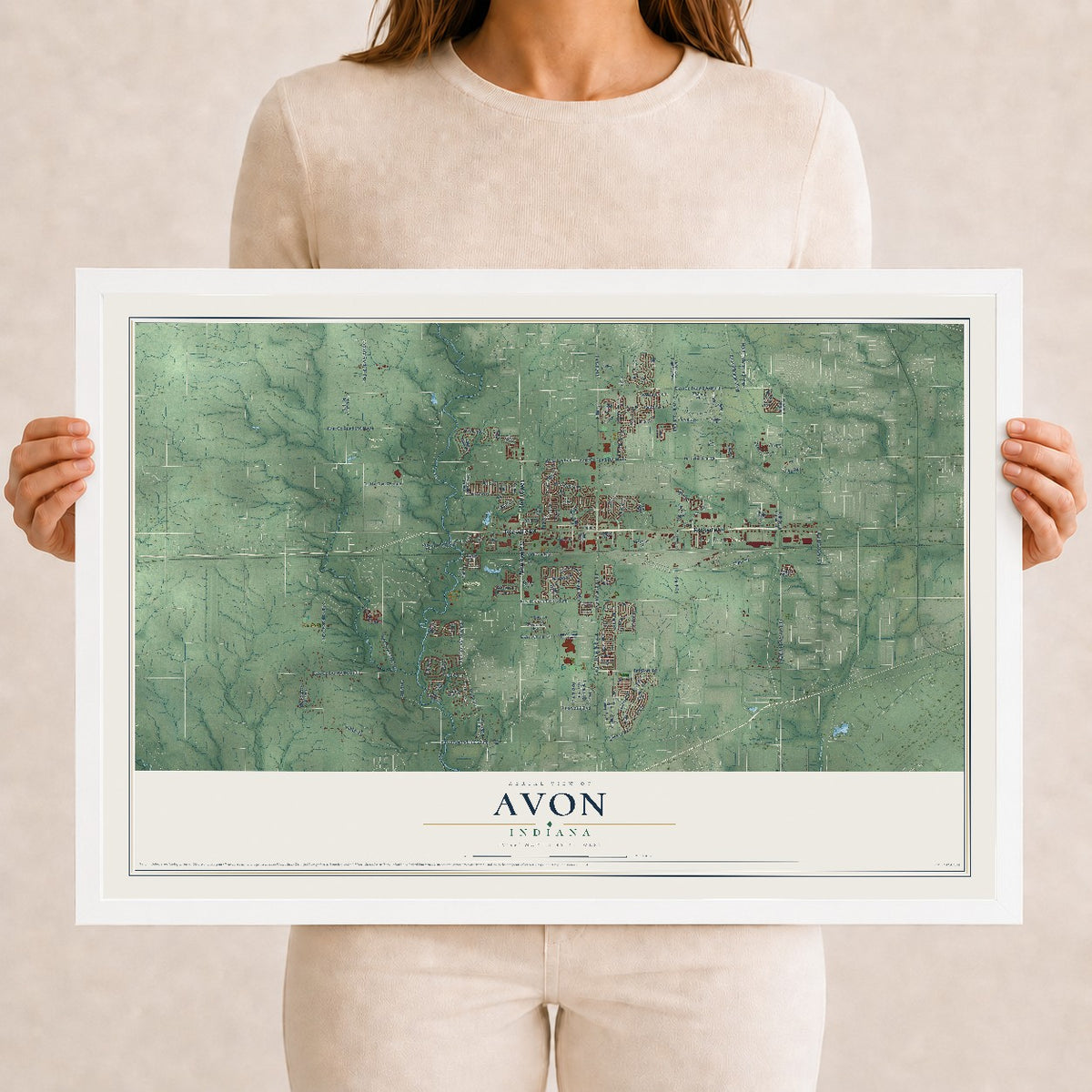 Map of Avon, Indiana, 12 x 18 inch print in a white wood frame
