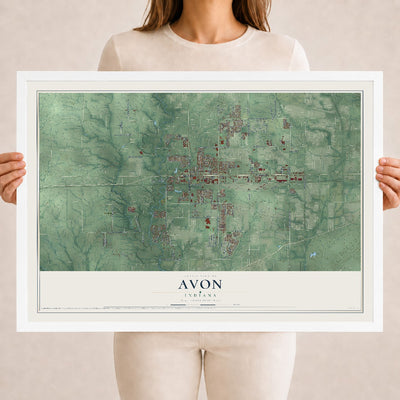 Map of Avon, Indiana, 18 x 24 inch print in a white wood frame