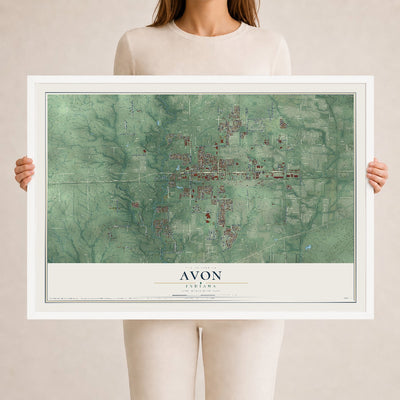 Map of Avon, Indiana, 24 x 36 inch print in a white wood frame
