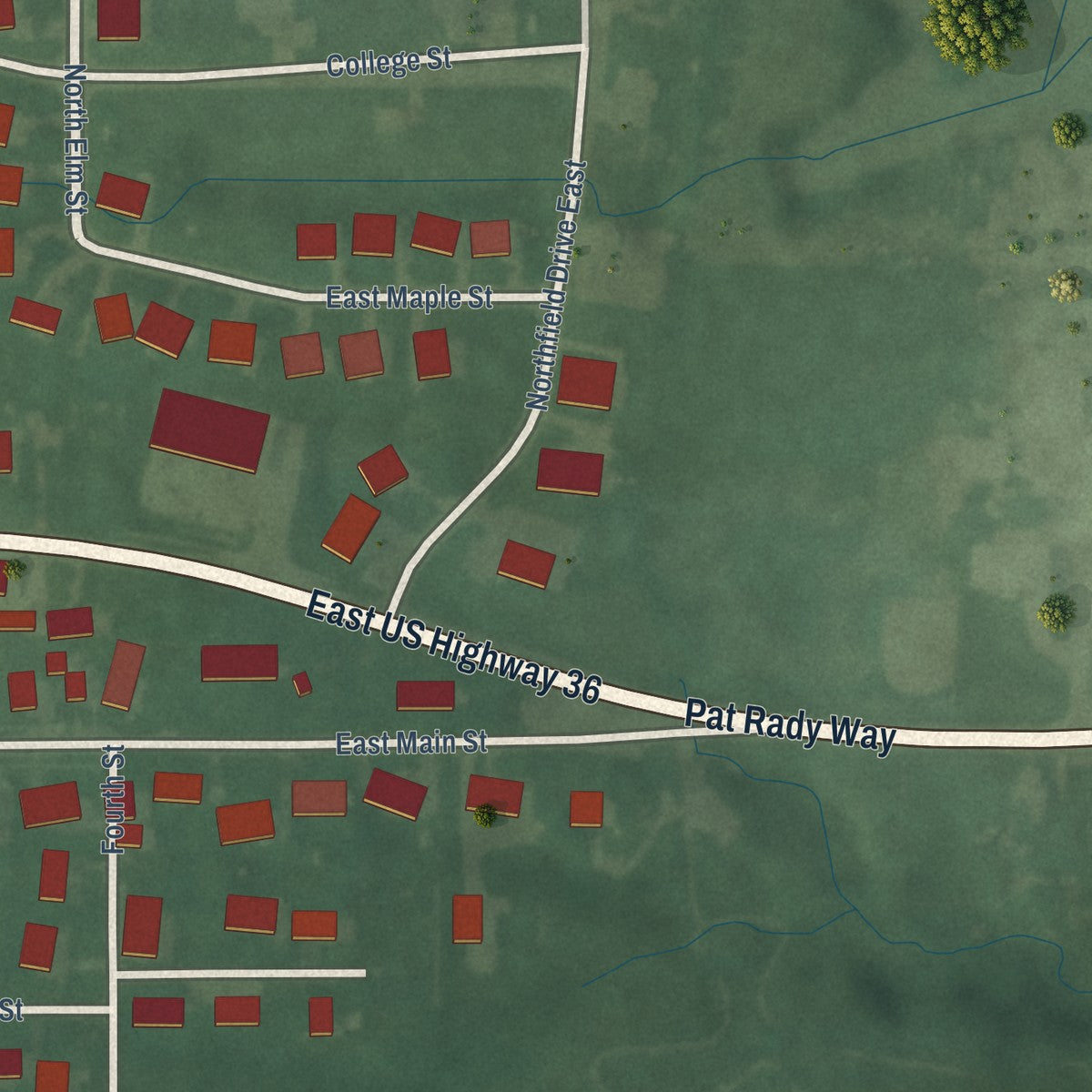 Second close-up of the map of Bainbridge, Indiana print showing more streets and buildings