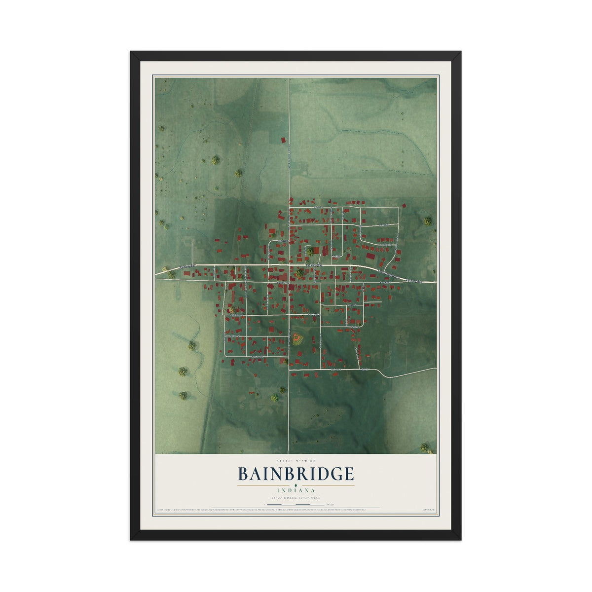 Map of Bainbridge, Indiana, 12 x 18 inch print in a black wood frame
