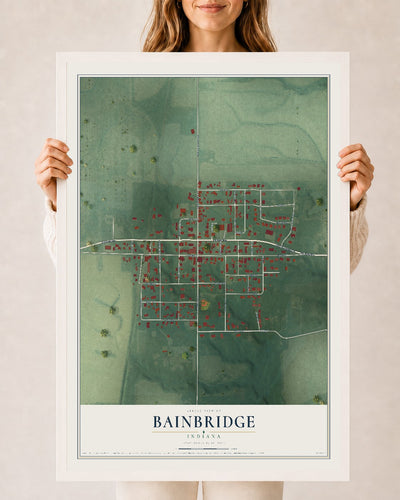 Map of Bainbridge, Indiana, 24 x 36 inch print in a white wood frame