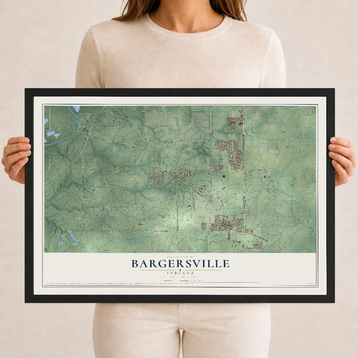 Map of Bargersville, Indiana, 12 x 18 inch print in a black wood frame