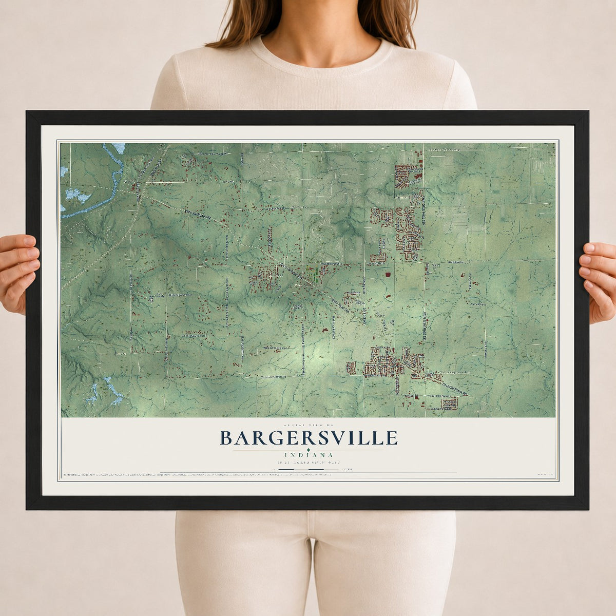 Map of Bargersville, Indiana, 18 x 24 inch print in a black wood frame