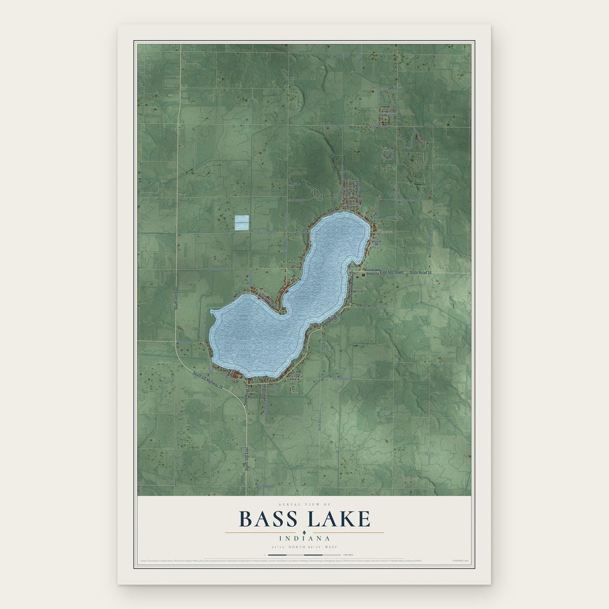Bass Lake, Indiana map print, the full design