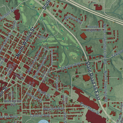 Close-up of the map of Batesville, Indiana print showing street and building detail