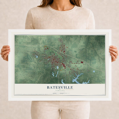 Map of Batesville, Indiana, 12 x 18 inch print in a white wood frame