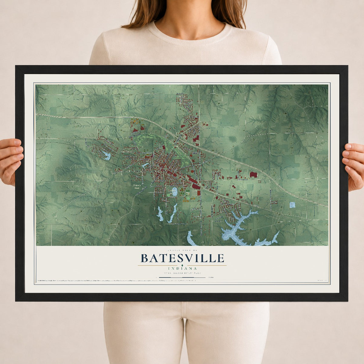 Map of Batesville, Indiana, 18 x 24 inch print in a black wood frame