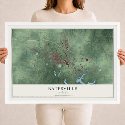 Map of Batesville, Indiana, 18 x 24 inch print in a white wood frame