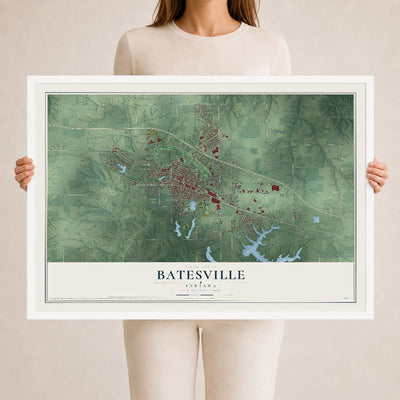 Map of Batesville, Indiana, 24 x 36 inch print in a white wood frame
