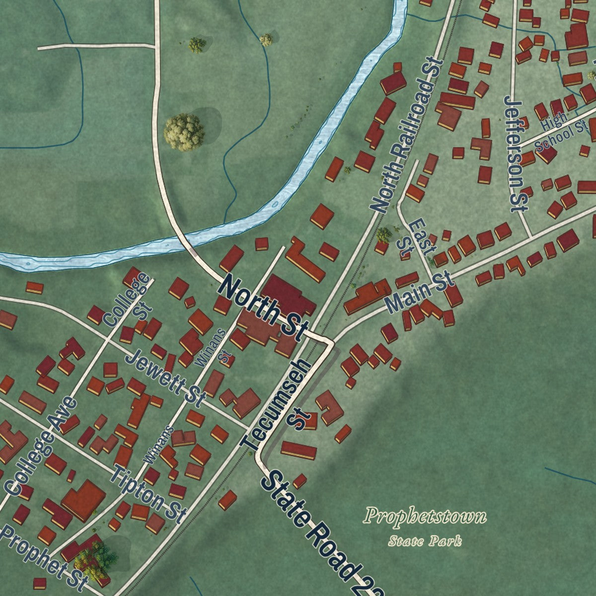 Close-up of the map of Battle Ground, Indiana print showing street and building detail