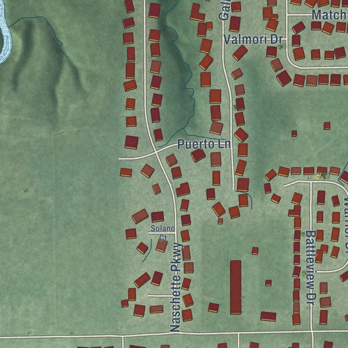 Second close-up of the map of Battle Ground, Indiana print showing more streets and buildings