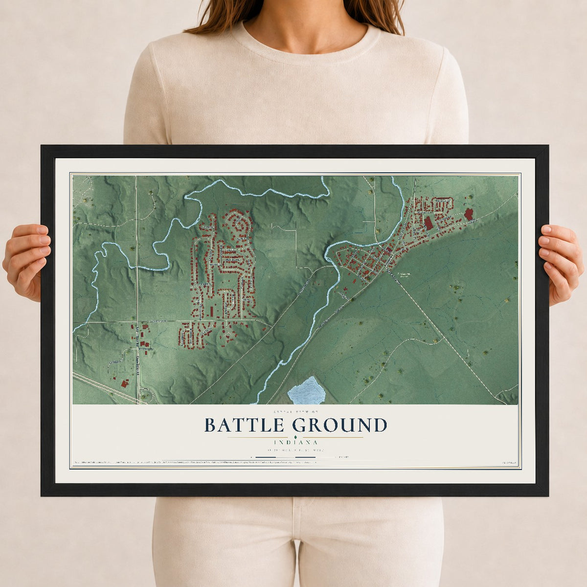 Map of Battle Ground, Indiana, 12 x 18 inch print in a black wood frame