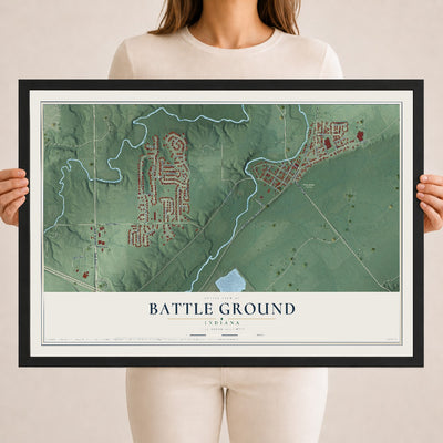 Map of Battle Ground, Indiana, 18 x 24 inch print in a black wood frame