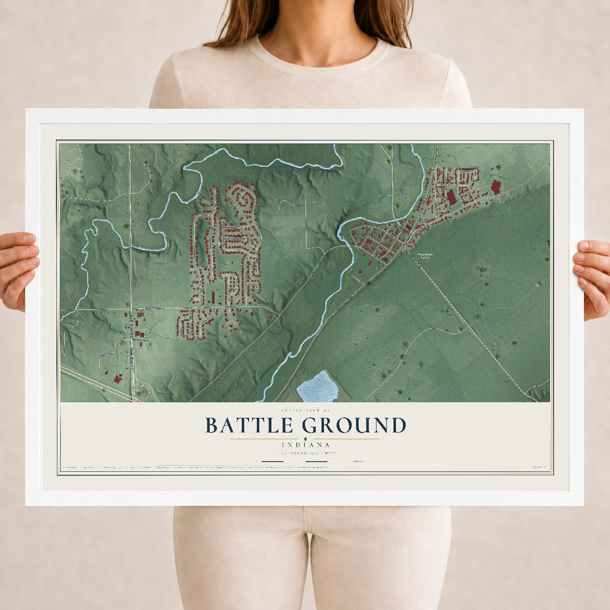 Map of Battle Ground, Indiana, 18 x 24 inch print in a white wood frame