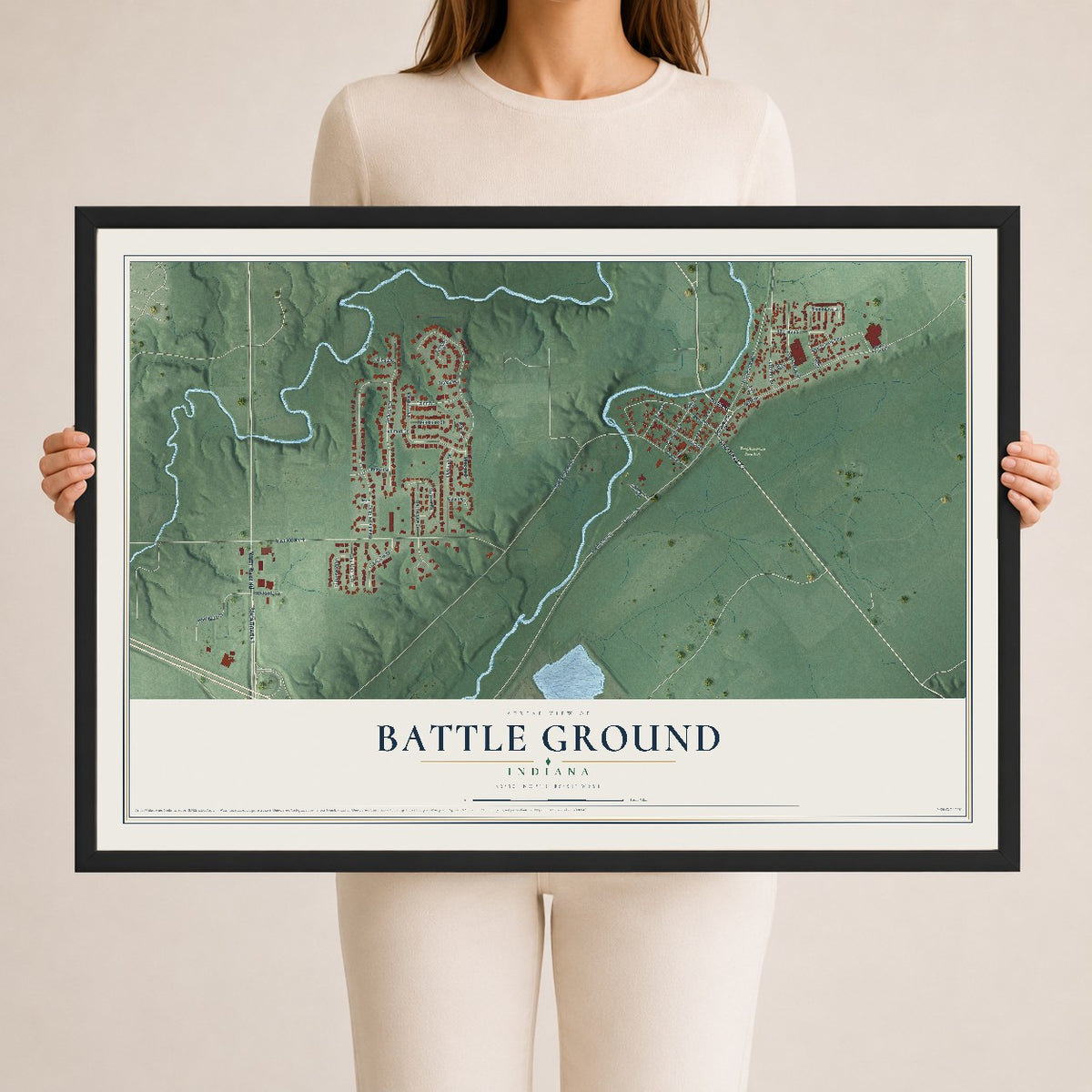 Map of Battle Ground, Indiana, 24 x 36 inch print in a black wood frame