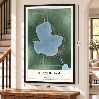 Beaver Dam, Indiana map, 24 x 36 inch print in a black frame by a staircase